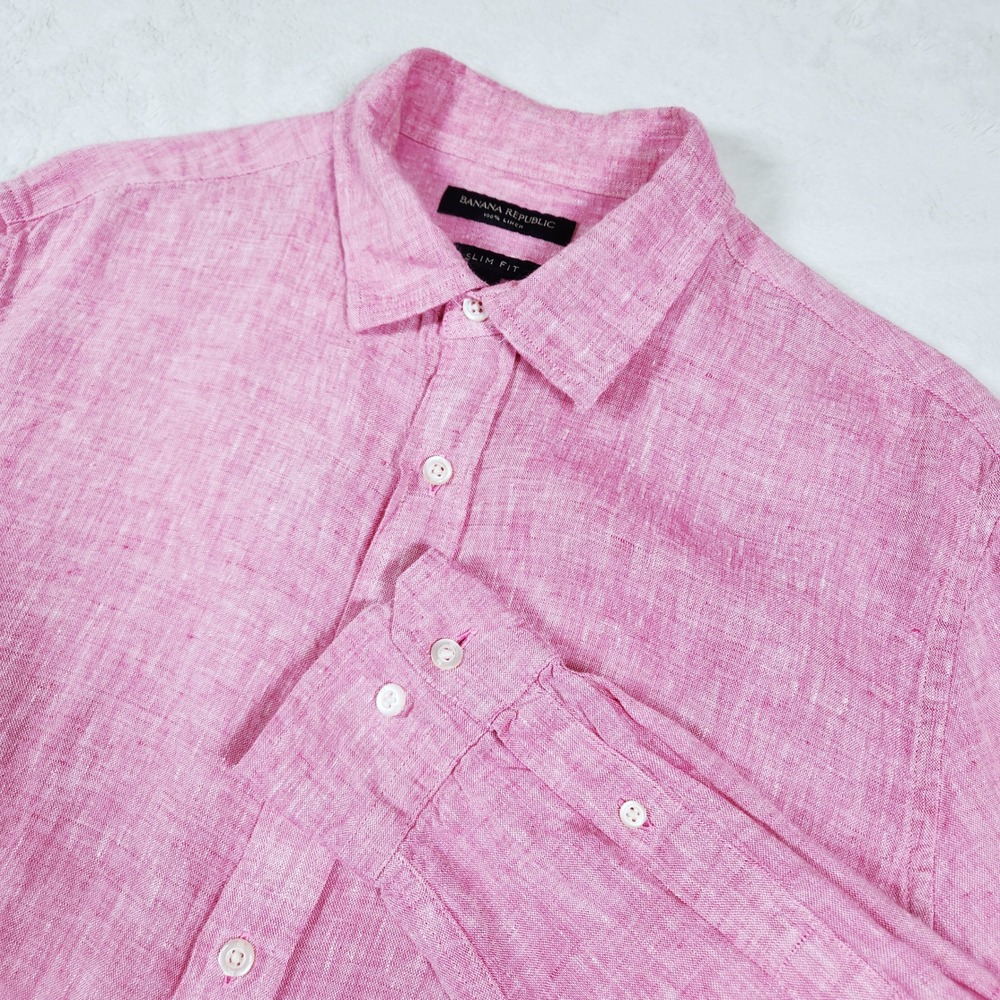 Banana Republic Shirt Mens M Pink 100% Linen Slim Fit Long Sleeve Button Down